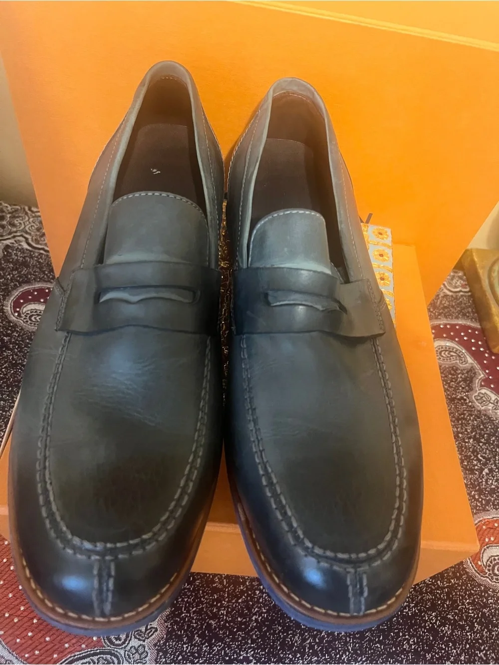 SANDRO MOSCOLONI Romero Mocc Toe Penny Slipon Sidney Black Leather - Size 11D
